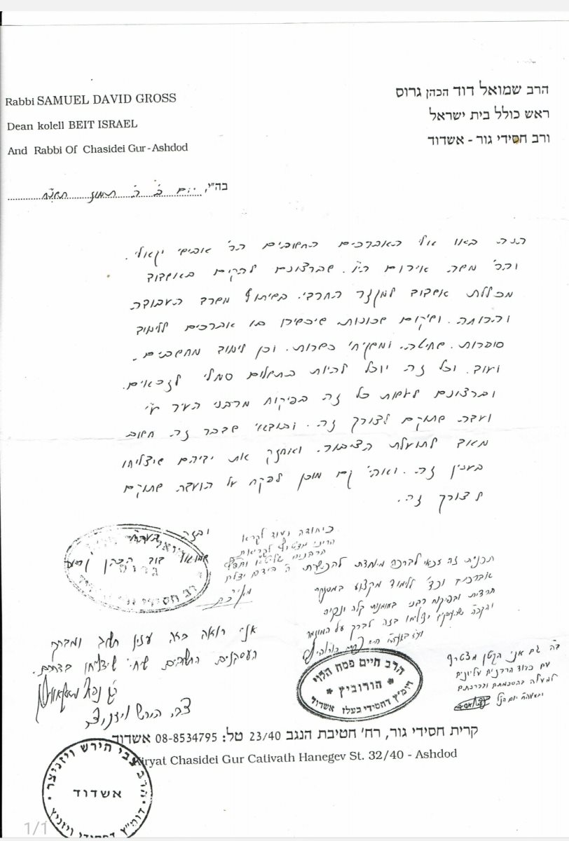 מכתב רבני ואדמורי העיר אודות המכללה להכשרה מקצועית