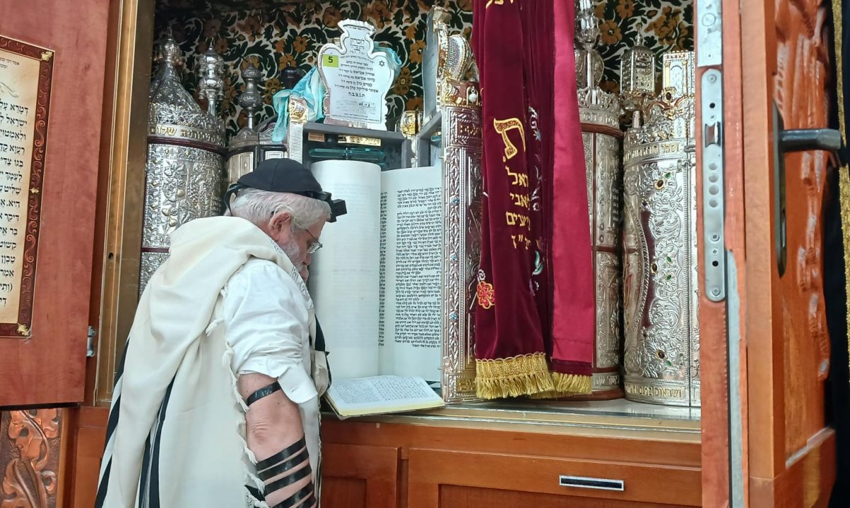 קריאת שנים מקרא מתוך ספר תורה בבית כנסת הריב"ז