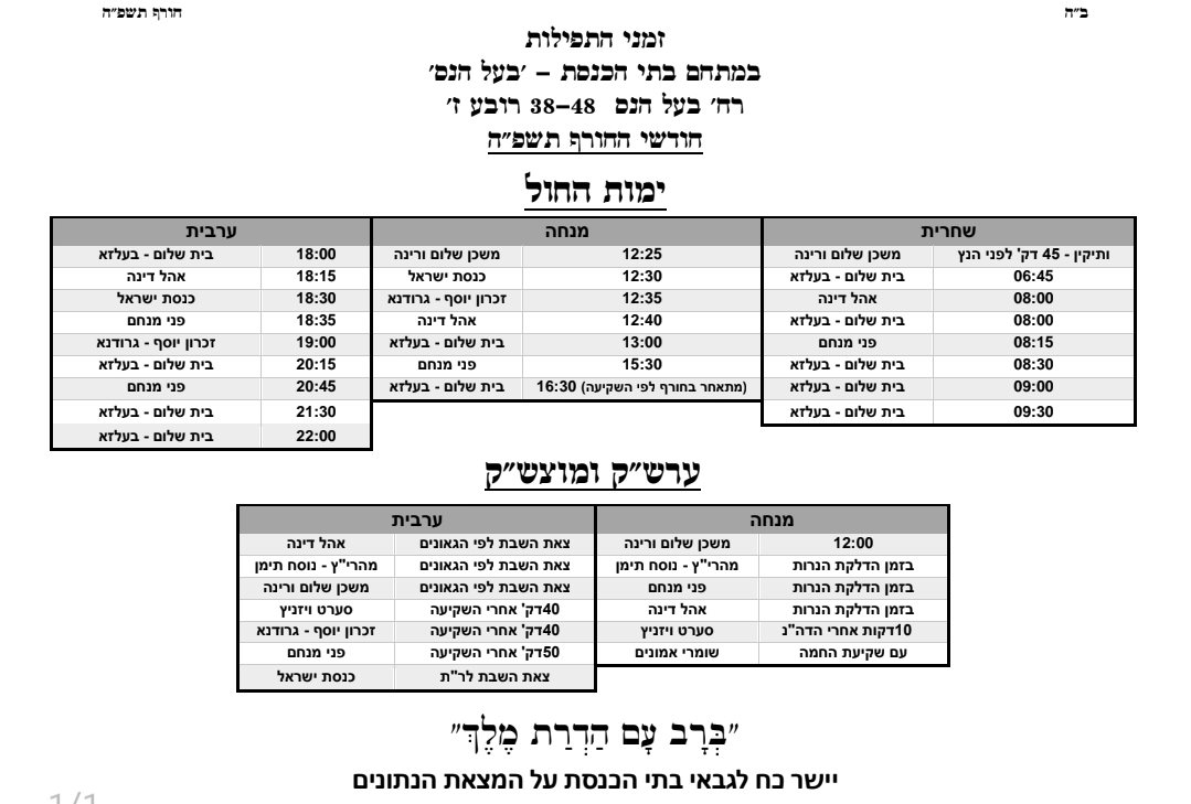 מנייני התפילה בבעל הנס